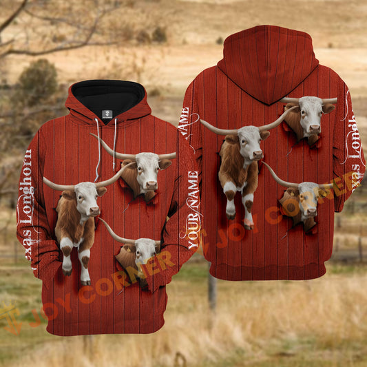 Joycorners Texas Longhorn Cow Red Barn Wood Tear Hole Personalized Name 3D Hoodie