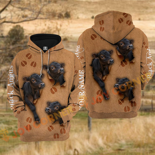 Joycorners Black Angus Cow Brown Cowhide Fur Tear Hole Personalized Name 3D Hoodie