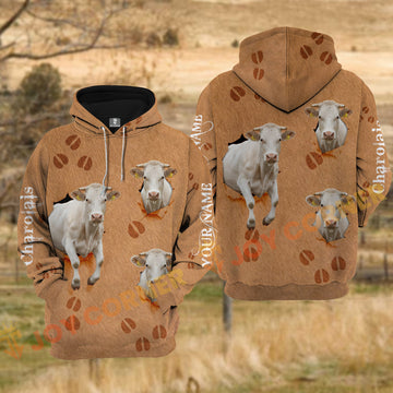 Joycorners Charolais Cow Brown Cowhide Fur Tear Hole Personalized Name 3D Hoodie