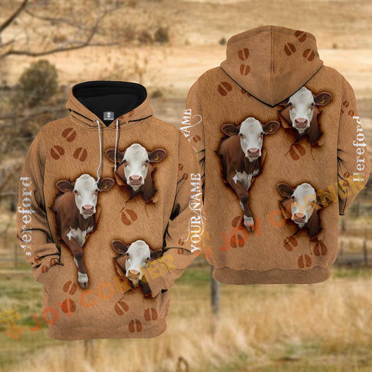 Joycorners Hereford Cow Brown Cowhide Fur Tear Hole Personalized Name 3D Hoodie