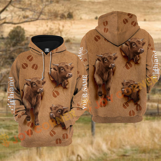 Joycorners Highland Cow Brown Cowhide Fur Tear Hole Personalized Name 3D Hoodie