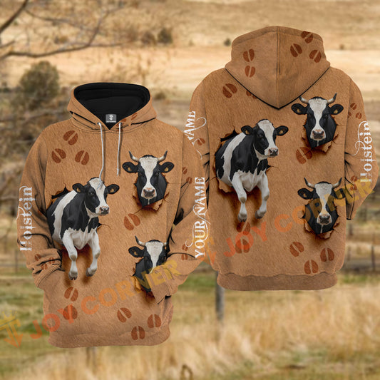 Joycorners Holstein Cow Brown Cowhide Fur Tear Hole Personalized Name 3D Hoodie