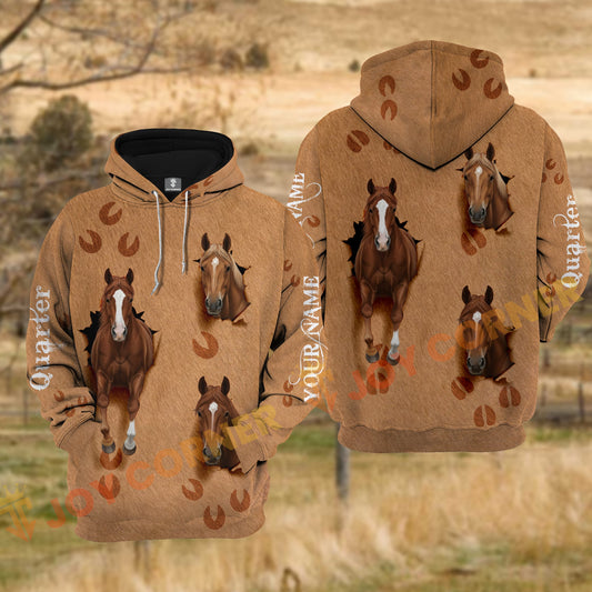 Joycorners Quarter Horse Brown Cowhide Fur Tear Hole Personalized Name 3D Hoodie