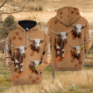 Joycorners Texas Longhorn Cow Brown Cowhide Fur Tear Hole Personalized Name 3D Hoodie