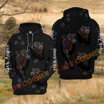 Joycorners Black Angus Cow Black Background Tear Hole Hoof Print Personalized Name 3D Hoodie