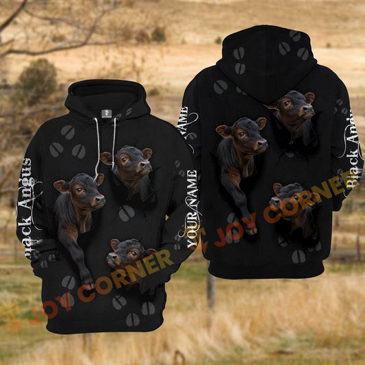 Joycorners Black Angus Cow Black Background Tear Hole Hoof Print Personalized Name 3D Hoodie