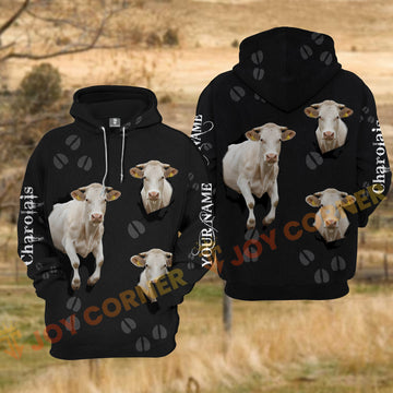Joycorners Charolais Cow Black Background Tear Hole Hoof Print Personalized Name 3D Hoodie