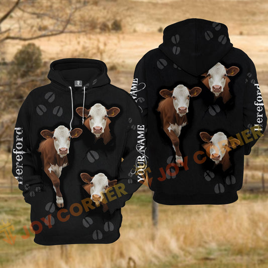 Joycorners Hereford Cow Black Background Tear Hole Hoof Print Personalized Name 3D Hoodie