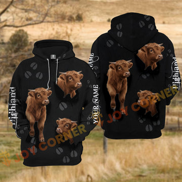 Joycorners Highland Cow Black Background Tear Hole Hoof Print Personalized Name 3D Hoodie