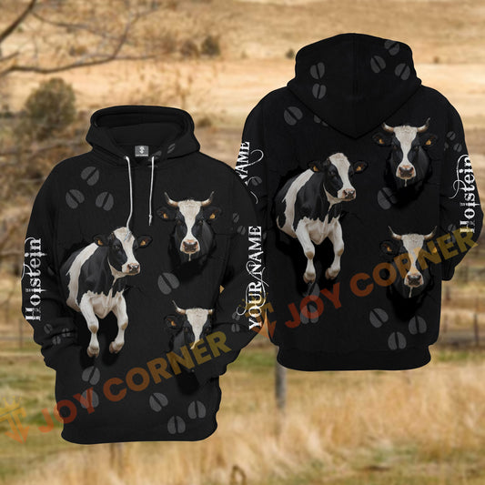 Joycorners Holstein Cow Black Background Tear Hole Hoof Print Personalized Name 3D Hoodie