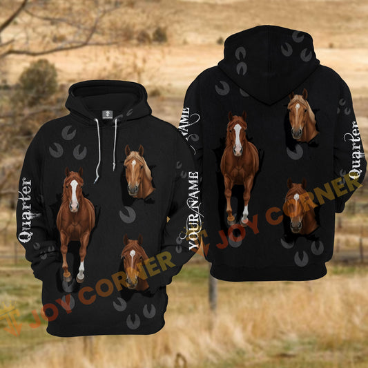 Joycorners Quarter Horse Black Background Tear Hole Hoof Print Personalized Name 3D Hoodie