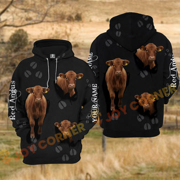 Joycorners Red Angus Cow Black Background Tear Hole Hoof Print Personalized Name 3D Hoodie