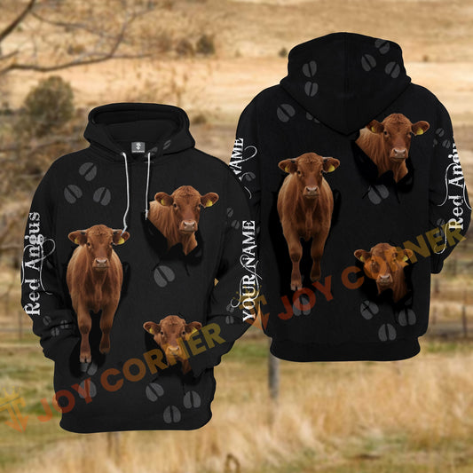 Joycorners Red Angus Cow Black Background Tear Hole Hoof Print Personalized Name 3D Hoodie