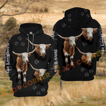 Joycorners Texas Longhorn Cow Black Background Tear Hole Hoof Print Personalized Name 3D Hoodie
