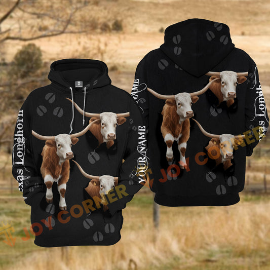 Joycorners Texas Longhorn Cow Black Background Tear Hole Hoof Print Personalized Name 3D Hoodie