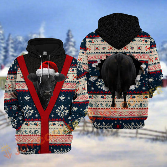 Joycorners Christmas Santa Cattle Ugly Sweater Pattern Personalized Name 3D Hoodie (8 Cattle Breeds)