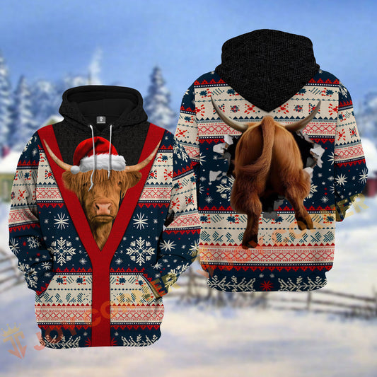 Joycorners Christmas Santa Cattle Ugly Sweater Pattern Personalized Name 3D Hoodie (8 Cattle Breeds)