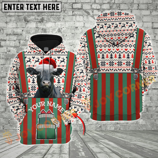 Joycorners Christmas Cattle With Santa Hat Suspender Design Personalized Name 3D Hoodie (8 Cattle Breeds)