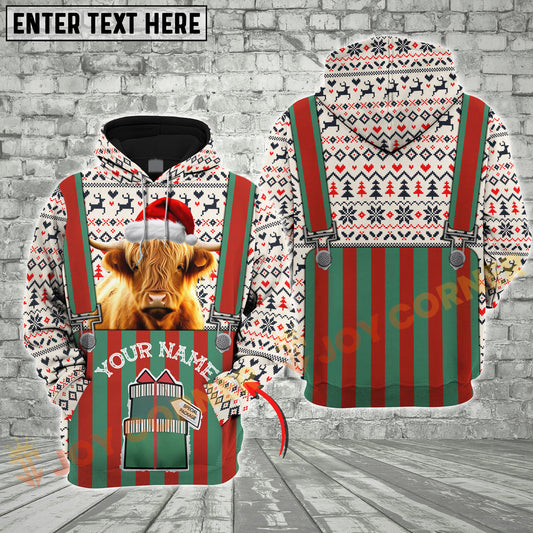 Joycorners Christmas Cattle With Santa Hat Suspender Design Personalized Name 3D Hoodie (8 Cattle Breeds)