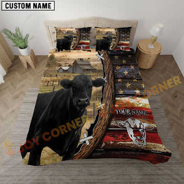 Joycorners Black Angus Rustic American Flag Wooden Farm Personalized Name Bedding Set 3D All Over Printed