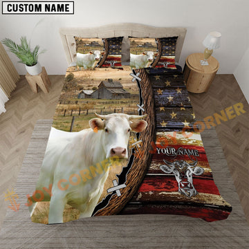 Joycorners Charolais Rustic American Flag Wooden Farm Personalized Name Bedding Set 3D All Over Printed