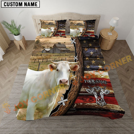 Joycorners Charolais Rustic American Flag Wooden Farm Personalized Name Bedding Set 3D All Over Printed