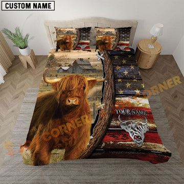 Joycorners Highland Rustic American Flag Wooden Farm Personalized Name Bedding Set 3D All Over Printed
