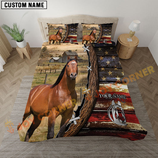Joycorners Quarter Horse Rustic American Flag Wooden Farm Personalized Name Bedding Set 3D All Over Printed