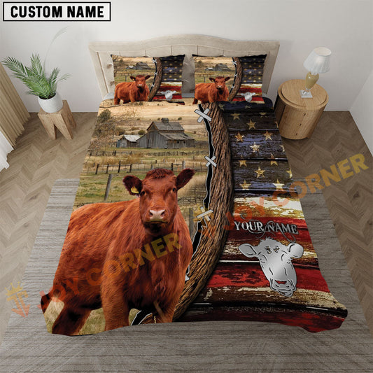 Joycorners Red Angus Rustic American Flag Wooden Farm Personalized Name Bedding Set 3D All Over Printed