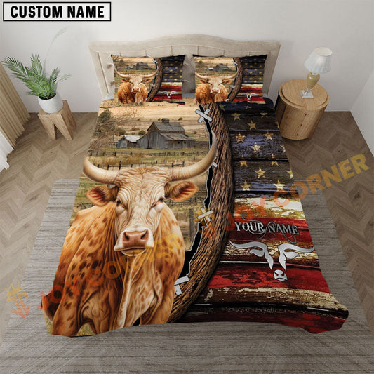 Joycorners Texas Longhorn Rustic American Flag Wooden Farm Personalized Name Bedding Set 3D All Over Printed