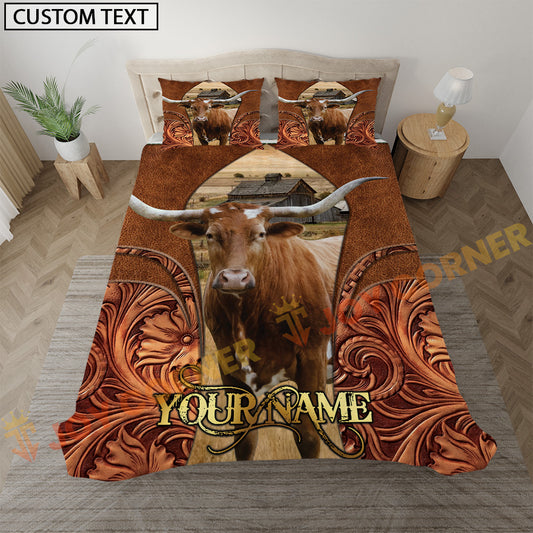 Joycorners Texas Longhorn Cow Rustic Western Style Personalized Name Bedding Set 3D All Over Printed
