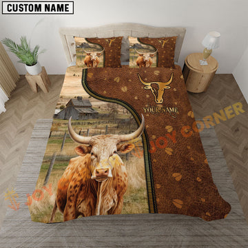 Joycorners Texas Longhorn Rustic Leather Farmhouse Personalized Name Bedding Set 3D All Over Printed