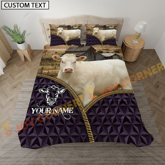 Joycorners Charolais Purple Geometric Farmhouse Personalized Name Bedding Set 3D All Over Printed