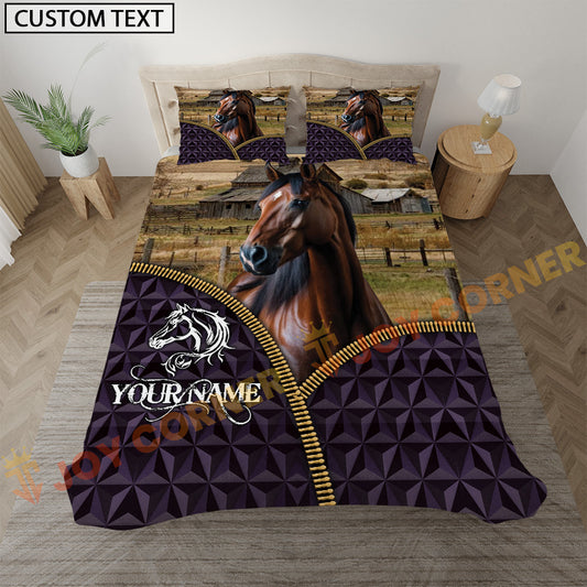 Joycorners Quarter Horse Purple Geometric Farmhouse Personalized Name Bedding Set 3D All Over Printed
