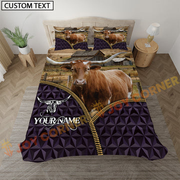 Joycorners Texas Longhorn Purple Geometric Farmhouse Personalized Name Bedding Set 3D All Over Printed