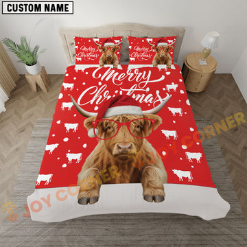 Joycorners Highland Cow Christmas Red Personalized Name Bedding Set 3D All Over Printed