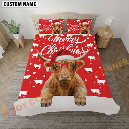 Joycorners Highland Cow Christmas Red Personalized Name Bedding Set 3D All Over Printed