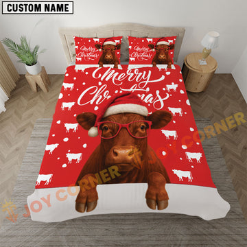 Joycorners Red Angus Cow Christmas Red Personalized Name Bedding Set 3D All Over Printed