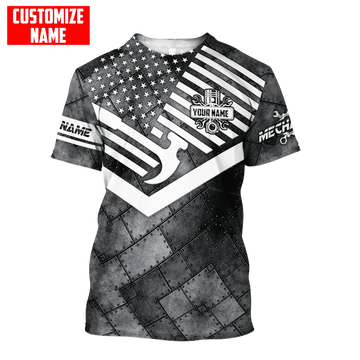 Joycorners Custom With Name 3D Mechanic Tshirt American Flag Metal Pattern USA Mechanic Gifts