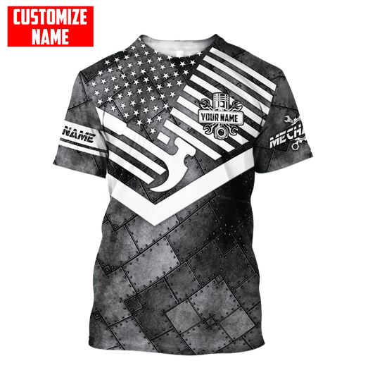 Joycorners Custom With Name 3D Mechanic Tshirt American Flag Metal Pattern USA Mechanic Gifts