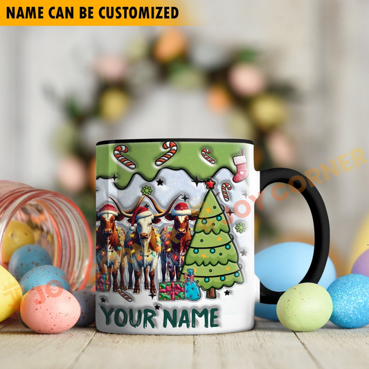 Joycorners Texas Longhorn Christmas Personalized Name Two Tone Mug