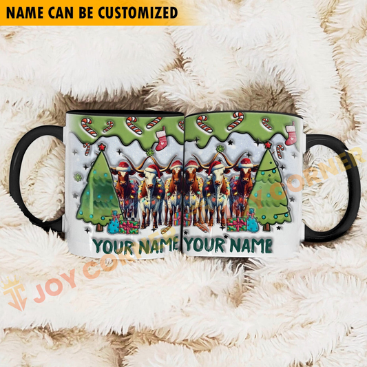 Joycorners Texas Longhorn Christmas Personalized Name Two Tone Mug