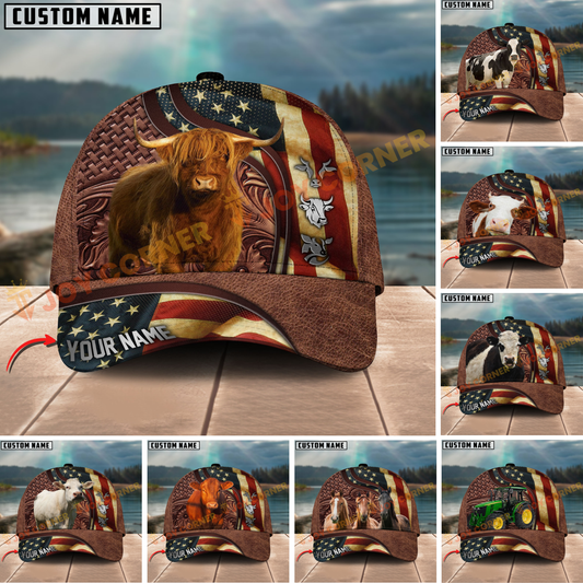 Joycorners Farm Animal American Flag Leather Personalized Name 3D Hat