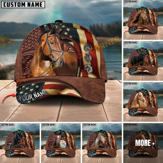 Joycorners Horse American Flag Leather Personalized Name 3D Hat