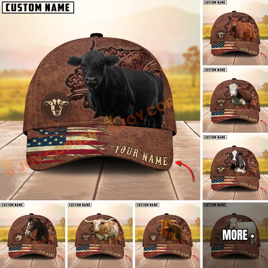 Joycorners Cattle American Flag Personalized Name 3D Hat