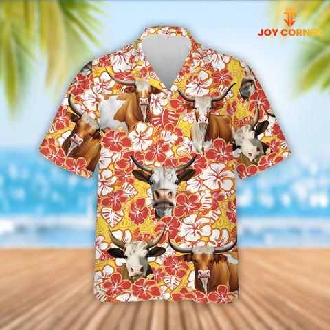 Joy Corners Texas Longhorn Cattle Orange Flower Pattern 3D Hawaiian Shirt
