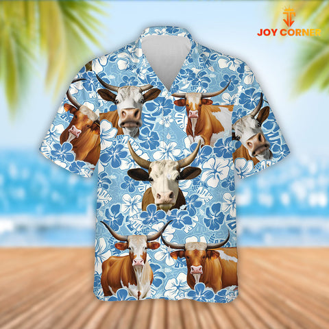 Joy Corners Texas Longhorn Cattle Blue Flower Pattern 3D Hawaiian Shirt