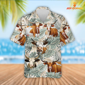 Joy Corners Texas Longhorn Cattle Tropical Leaf Pattern Hawaiian Shirt