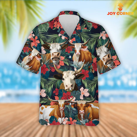 Joy Corners Texas Longhorn Cattle Red Tropical Flowers Hawaiian Shirt