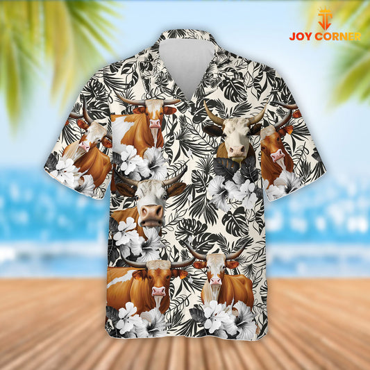 Joy Corners Texas Longhorn Cattle 3D Hawaiian Flower Shirt